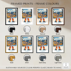 Framed Telluride Wall Art Ski Poster available in multiple frame colors including black, white, natural, brown, gold, silver, dark grey, and light grey.