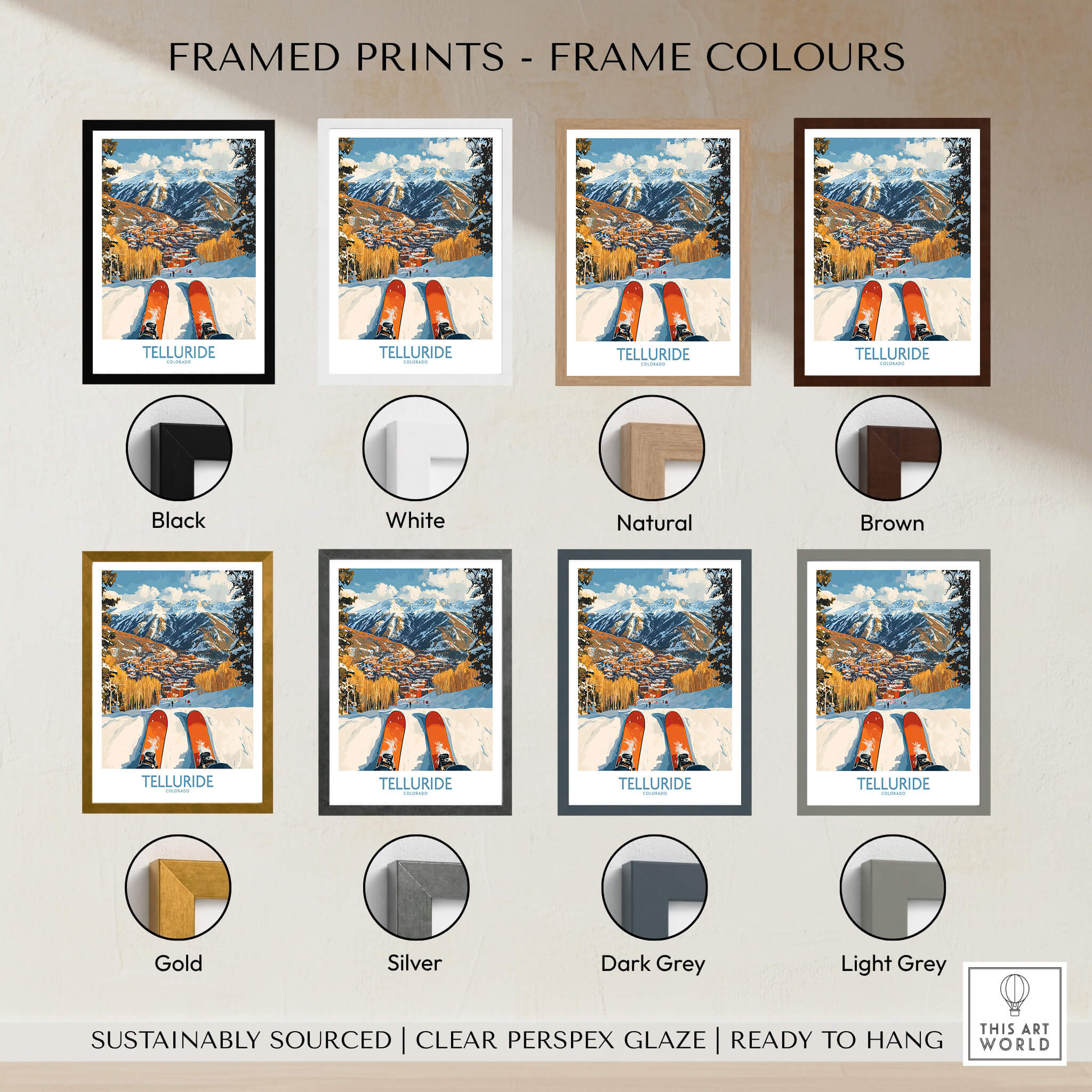 Framed Telluride Wall Art Ski Poster available in multiple frame colors including black, white, natural, brown, gold, silver, dark grey, and light grey.