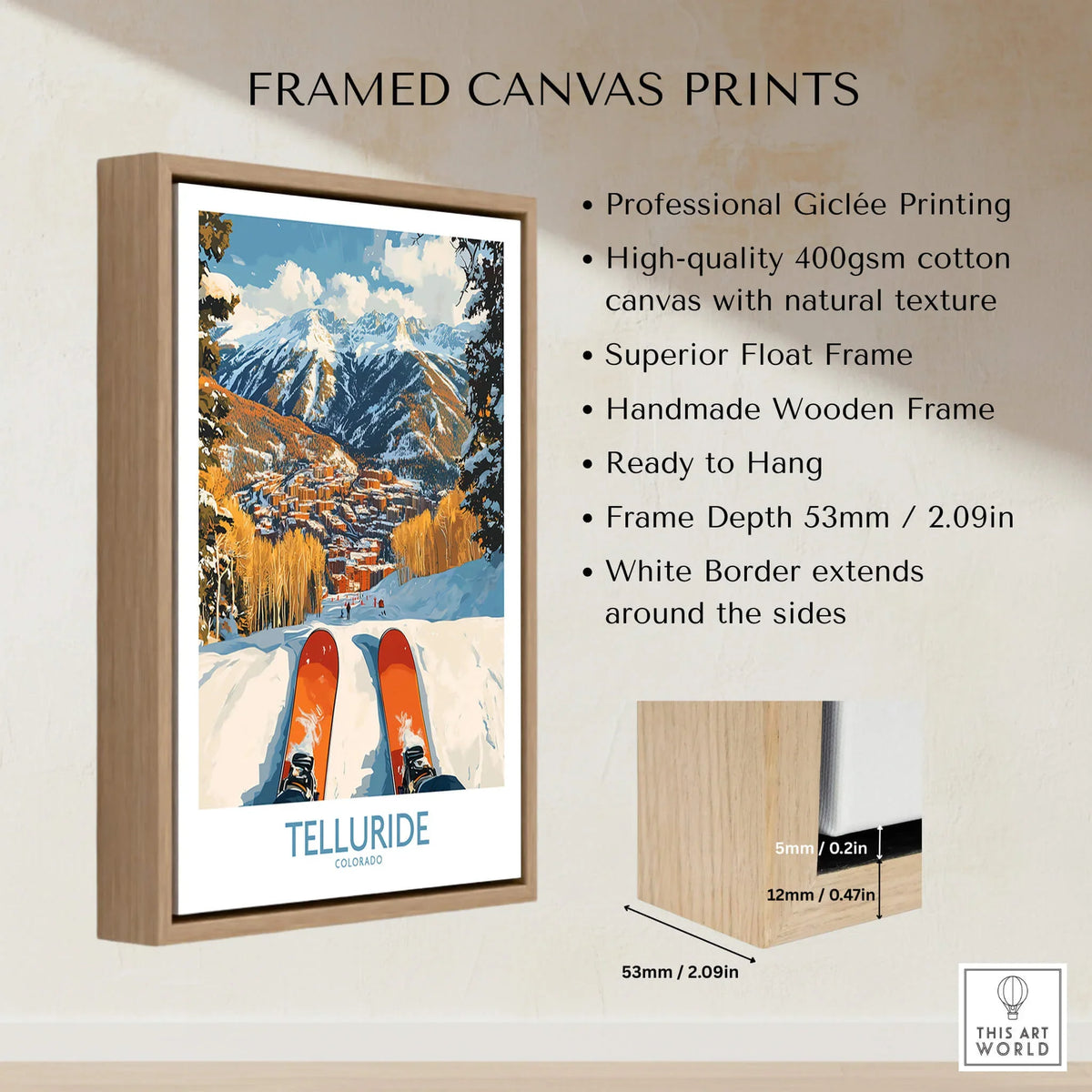 Telluride Wall Art Ski Poster featuring professional giclée printing and a handmade wooden frame.