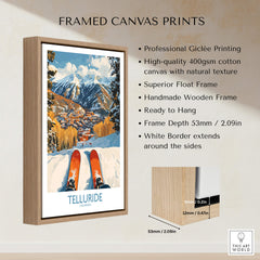 Telluride Wall Art Ski Poster featuring professional giclée printing and a handmade wooden frame.