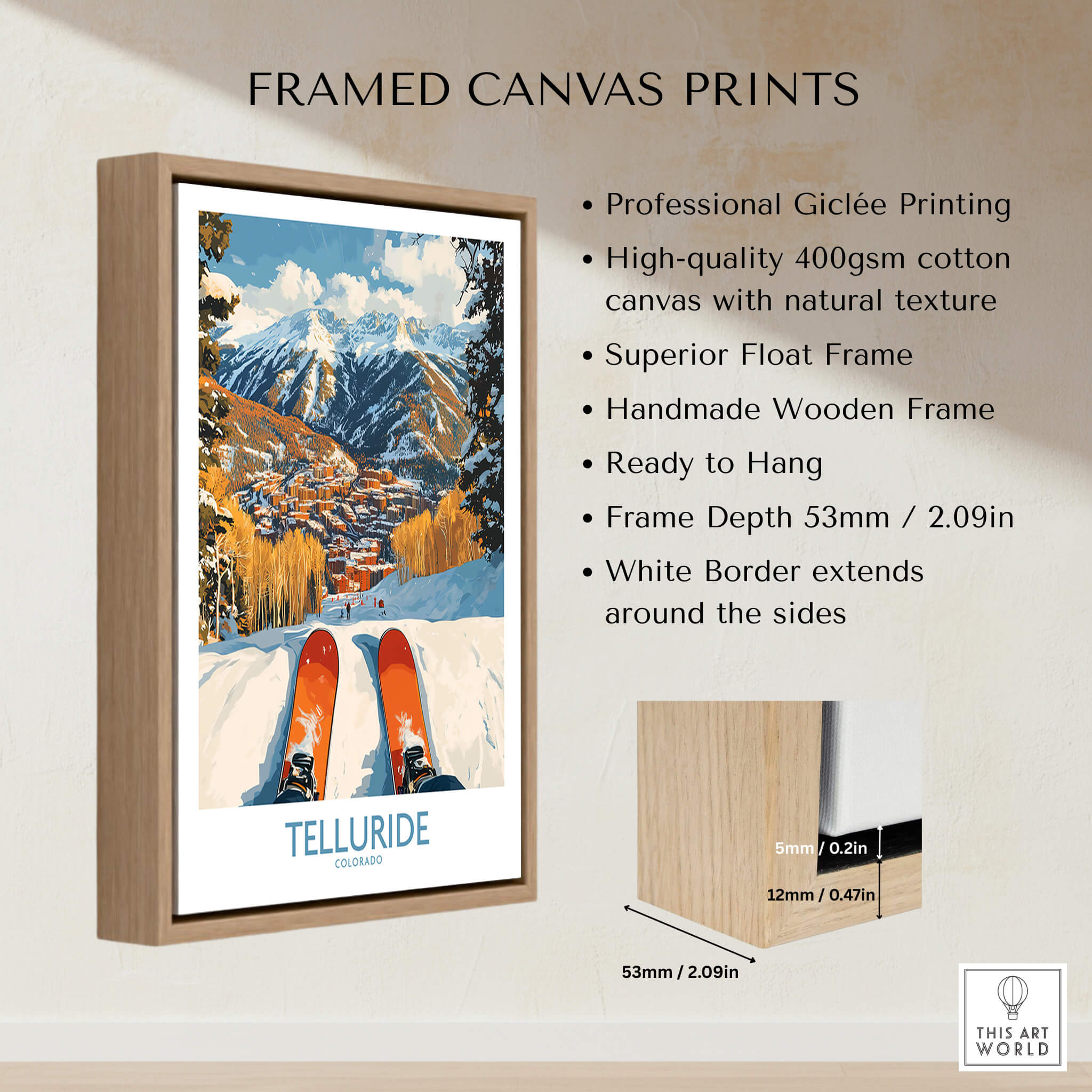 Telluride Wall Art Ski Poster featuring professional giclée printing and a handmade wooden frame.
