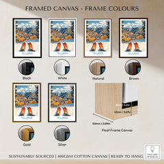 Telluride Wall Art Ski Poster options with frame colors in Black, White, Natural, Brown, Gold, and Silver.