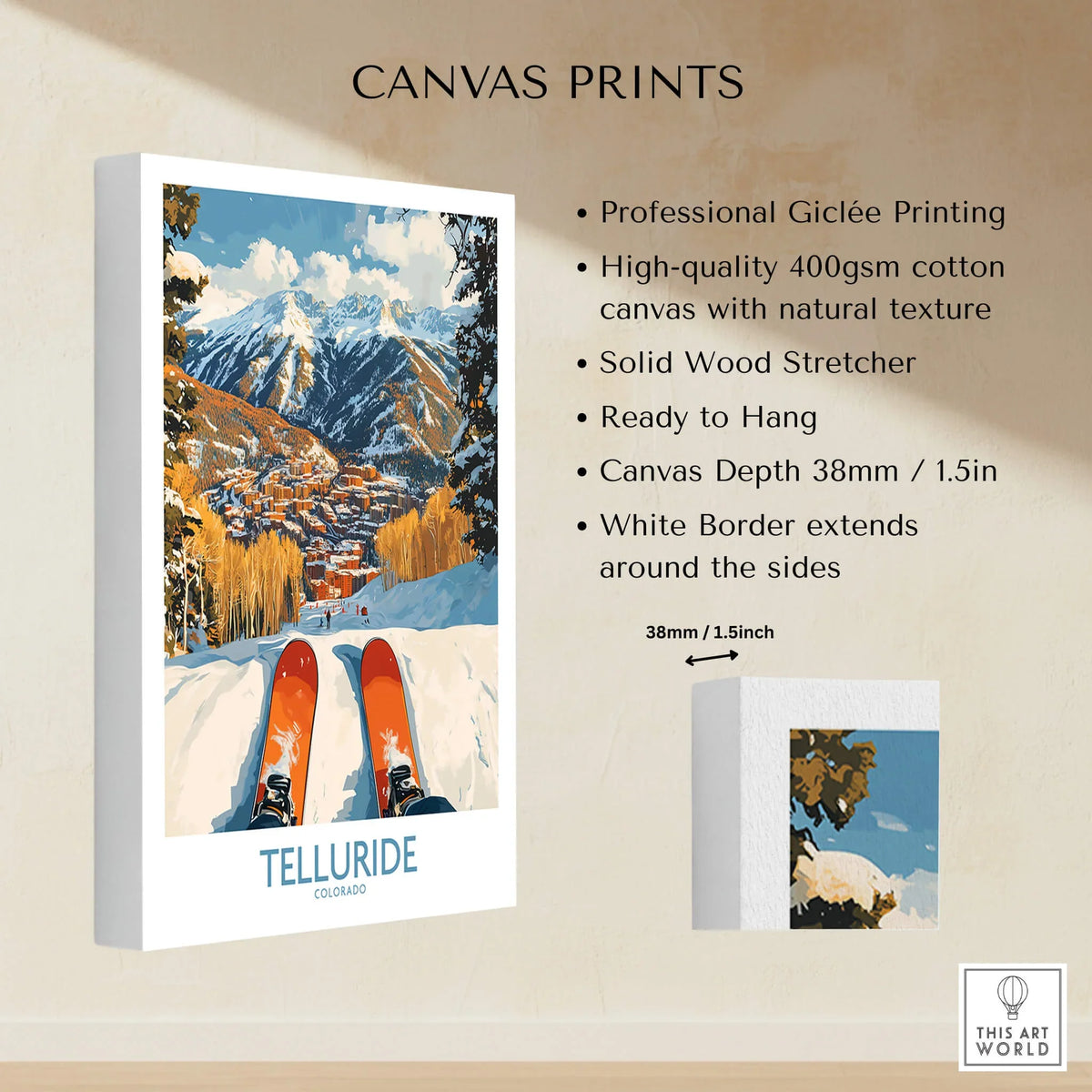 Telluride Wall Art Ski Poster showcasing professional Giclée printing with mountain scenery and vibrant colors.