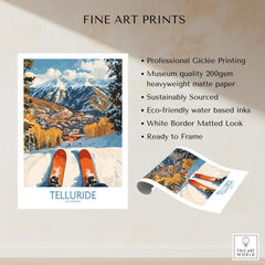 Telluride Wall Art Ski Poster showcasing ski slopes and mountains, perfect for ski lovers home decor.
