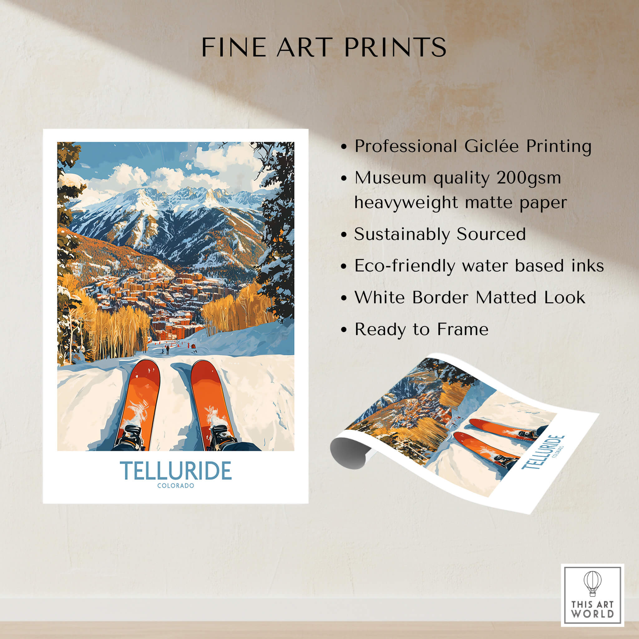 Telluride Wall Art Ski Poster showcasing ski slopes and mountains, perfect for ski lovers home decor.