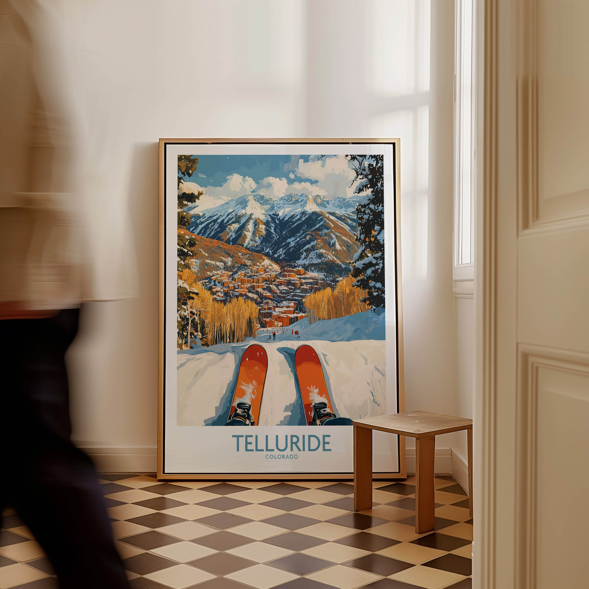 Telluride Wall Art Ski Poster showcasing scenic mountains and skis in a stylish home decor setting.