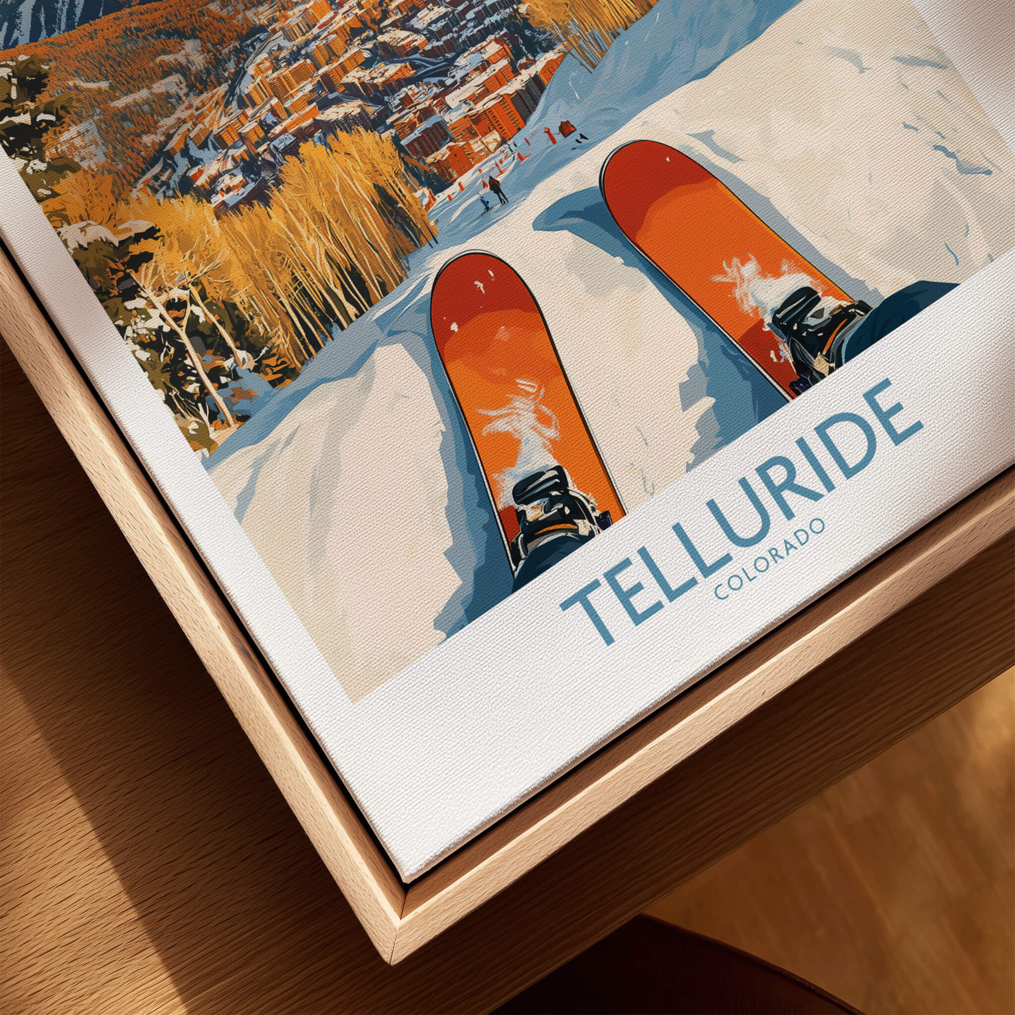 Telluride Wall Art Ski Poster featuring ski boots on a snowy slope with vibrant colors, perfect for ski enthusiasts.