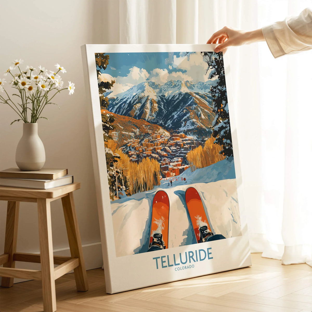 Telluride Wall Art Ski Poster showcasing a vibrant mountain scene with ski gear and picturesque Telluride landscape.