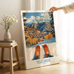 Telluride Wall Art Ski Poster showcasing a vibrant mountain scene with ski gear and picturesque Telluride landscape.