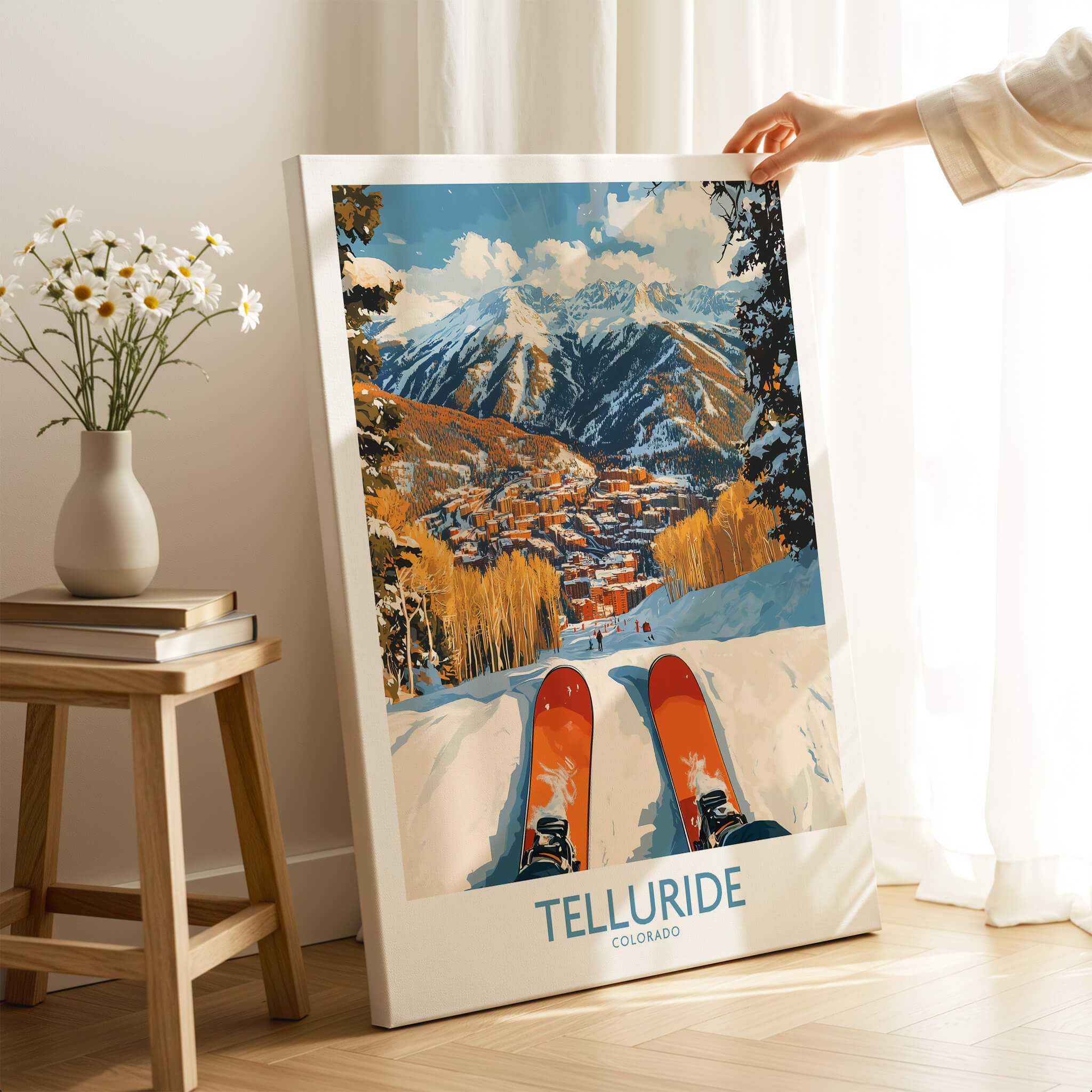 Telluride Wall Art Ski Poster showcasing a vibrant mountain scene with ski gear and picturesque Telluride landscape.