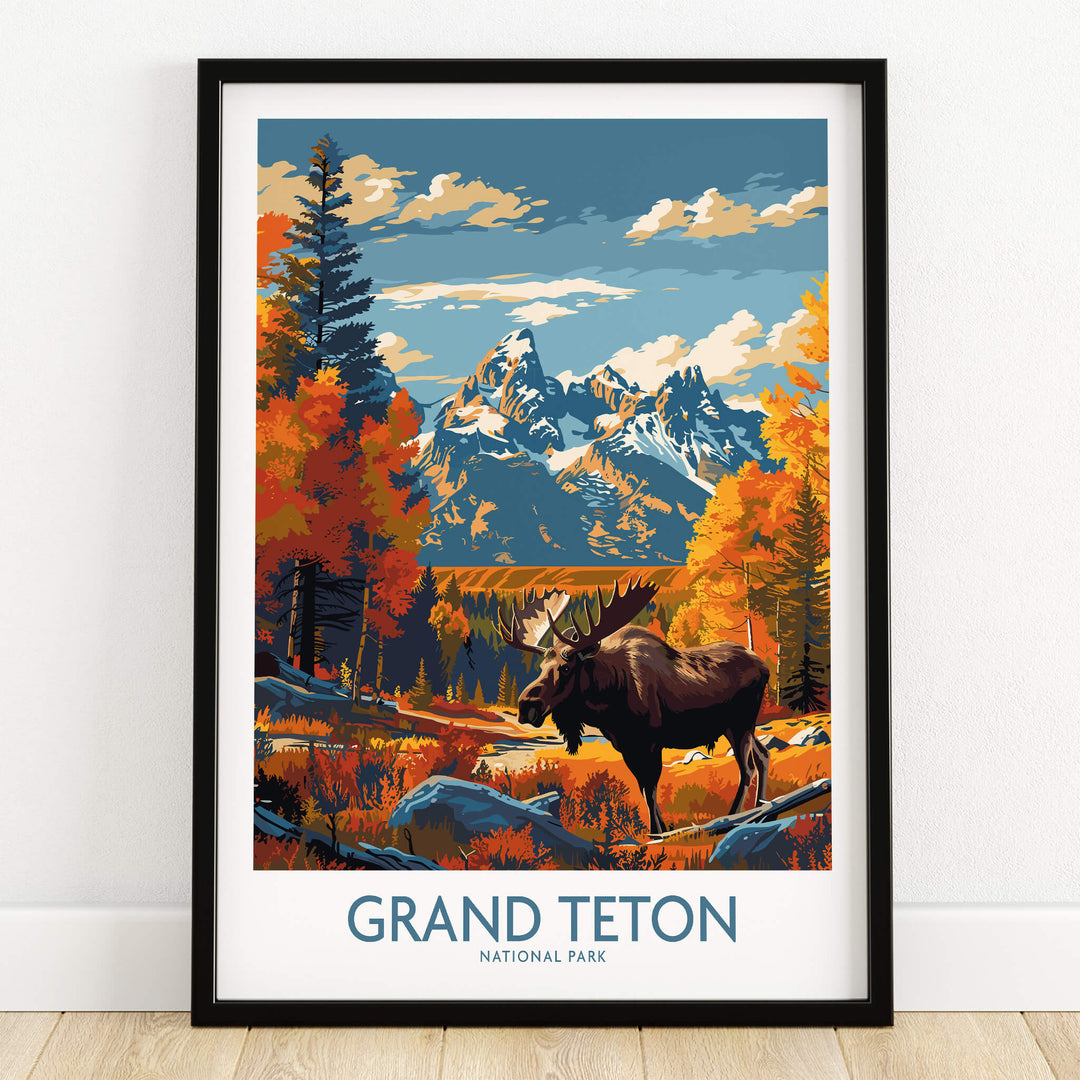 Grand Teton Wall Art - National Park Poster featuring a moose and Tetons in vibrant autumn colors.