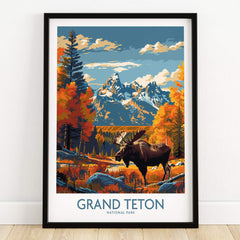 Grand Teton Wall Art - National Park Poster featuring a moose and Tetons in vibrant autumn colors.