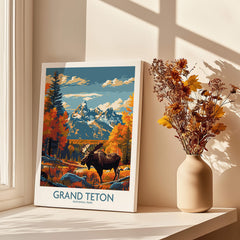 Grand Teton Wall Art - National Park Poster featuring a majestic moose and vibrant mountain scenery.