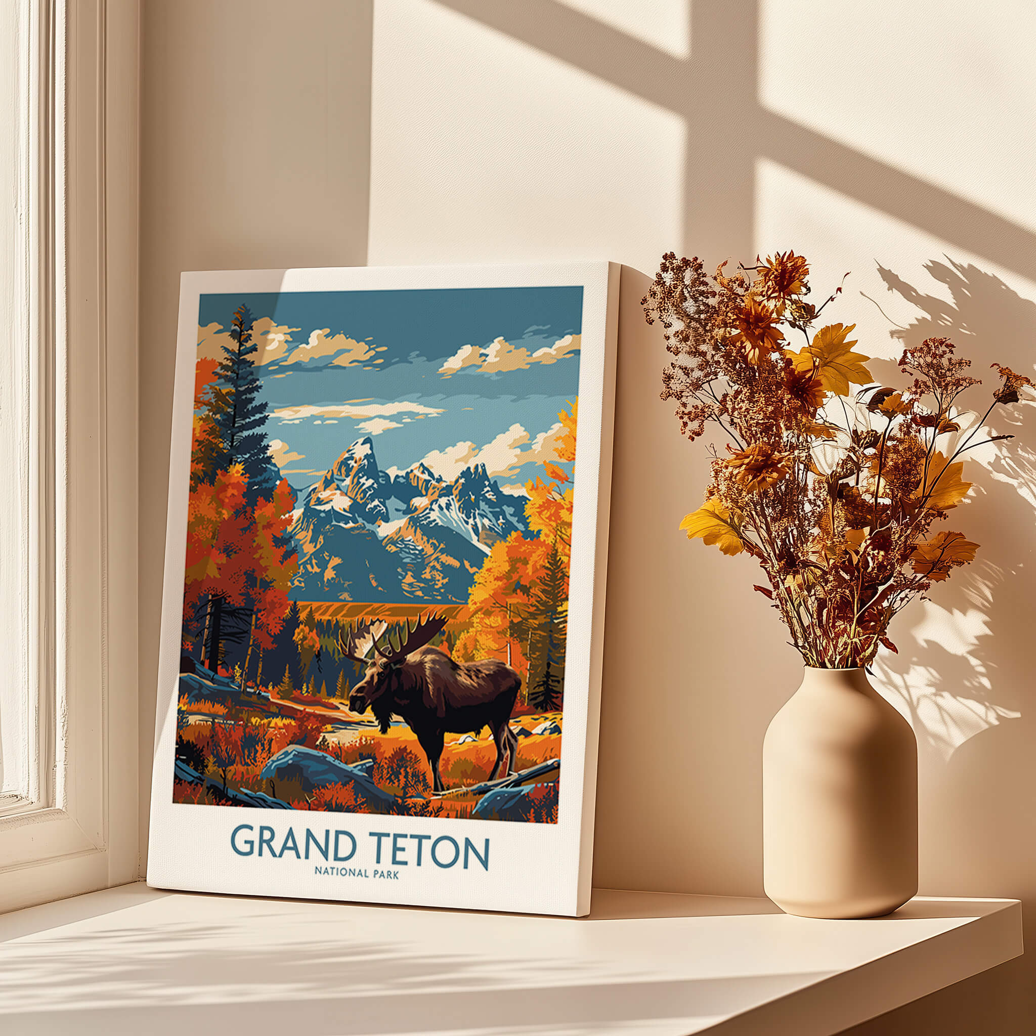 Grand Teton Wall Art - National Park Poster featuring a majestic moose and vibrant mountain scenery.