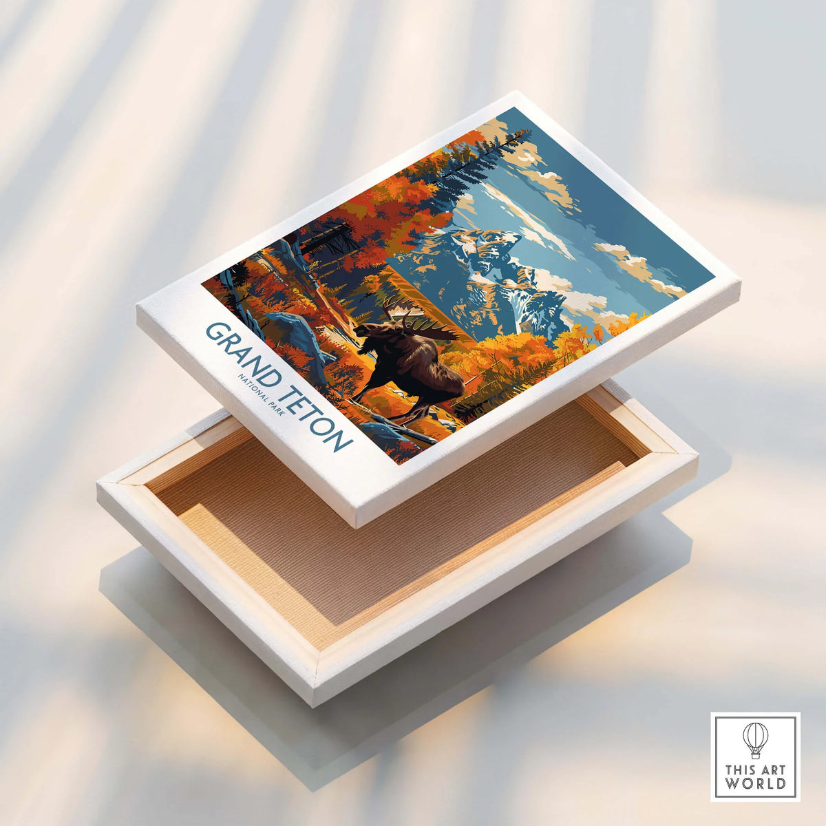 Grand Teton Wall Art - National Park Poster featuring vibrant scenery and wildlife in a decorative box.