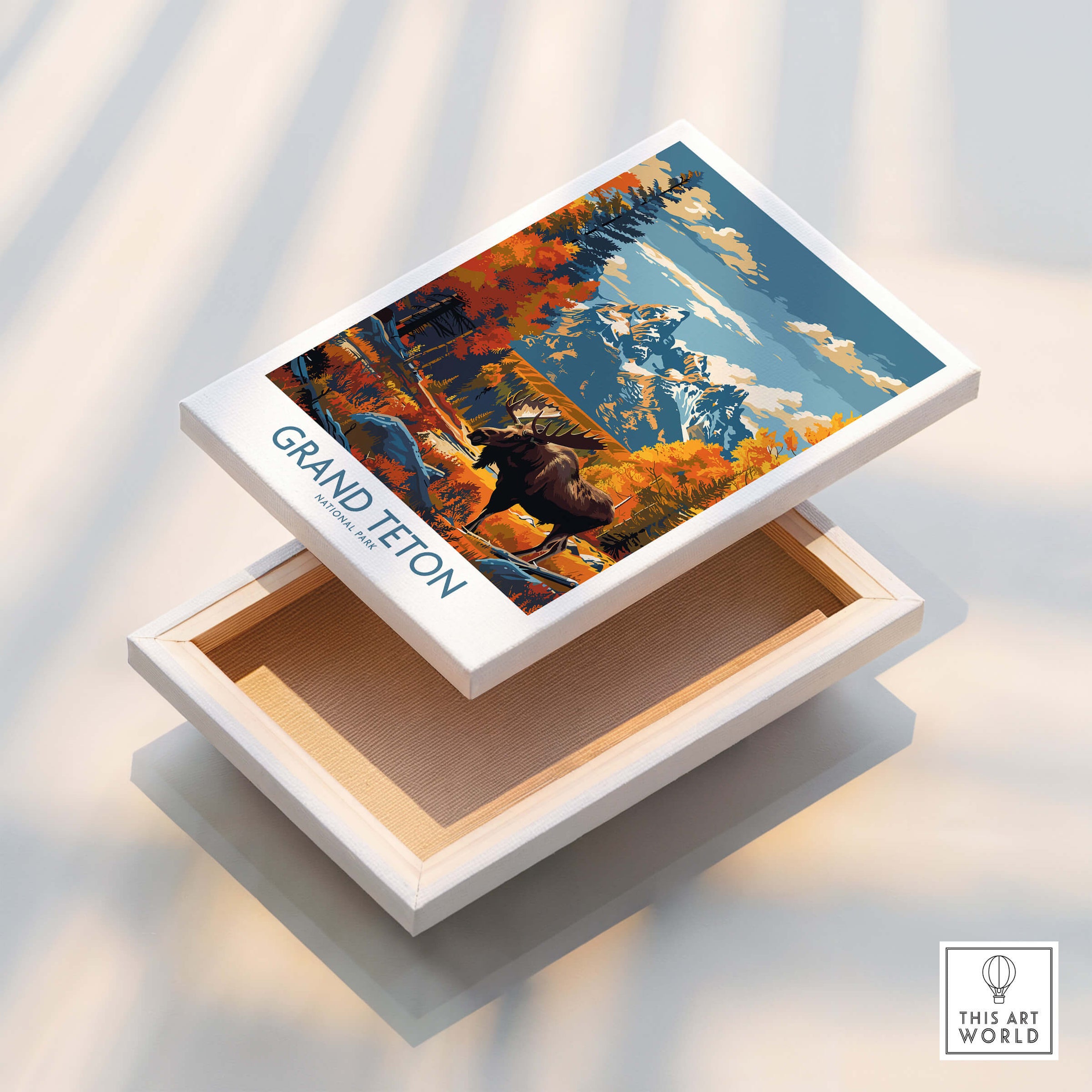Grand Teton Wall Art - National Park Poster featuring vibrant scenery and wildlife in a decorative box.