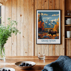 Grand Teton Wall Art - National Park Poster displayed in a cozy wooden room with plants and decorative plates.