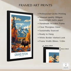 Grand Teton Wall Art - National Park Poster featuring stunning mountain scenery and a moose in a vibrant, framed print.