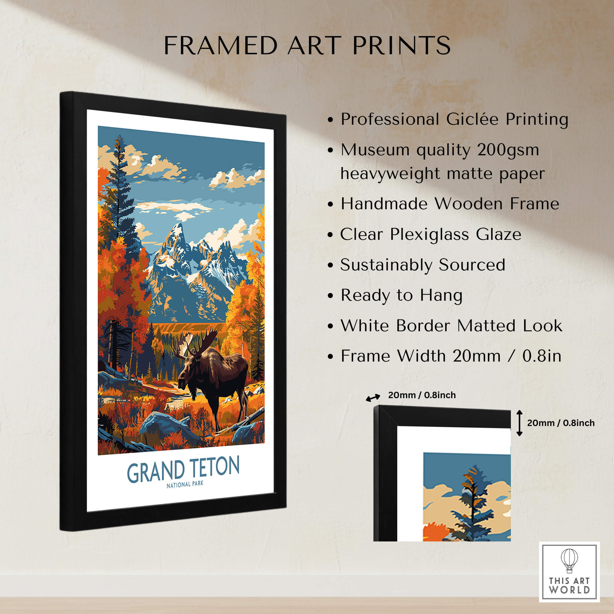 Grand Teton Wall Art - National Park Poster featuring stunning mountain scenery and a moose in a vibrant, framed print.