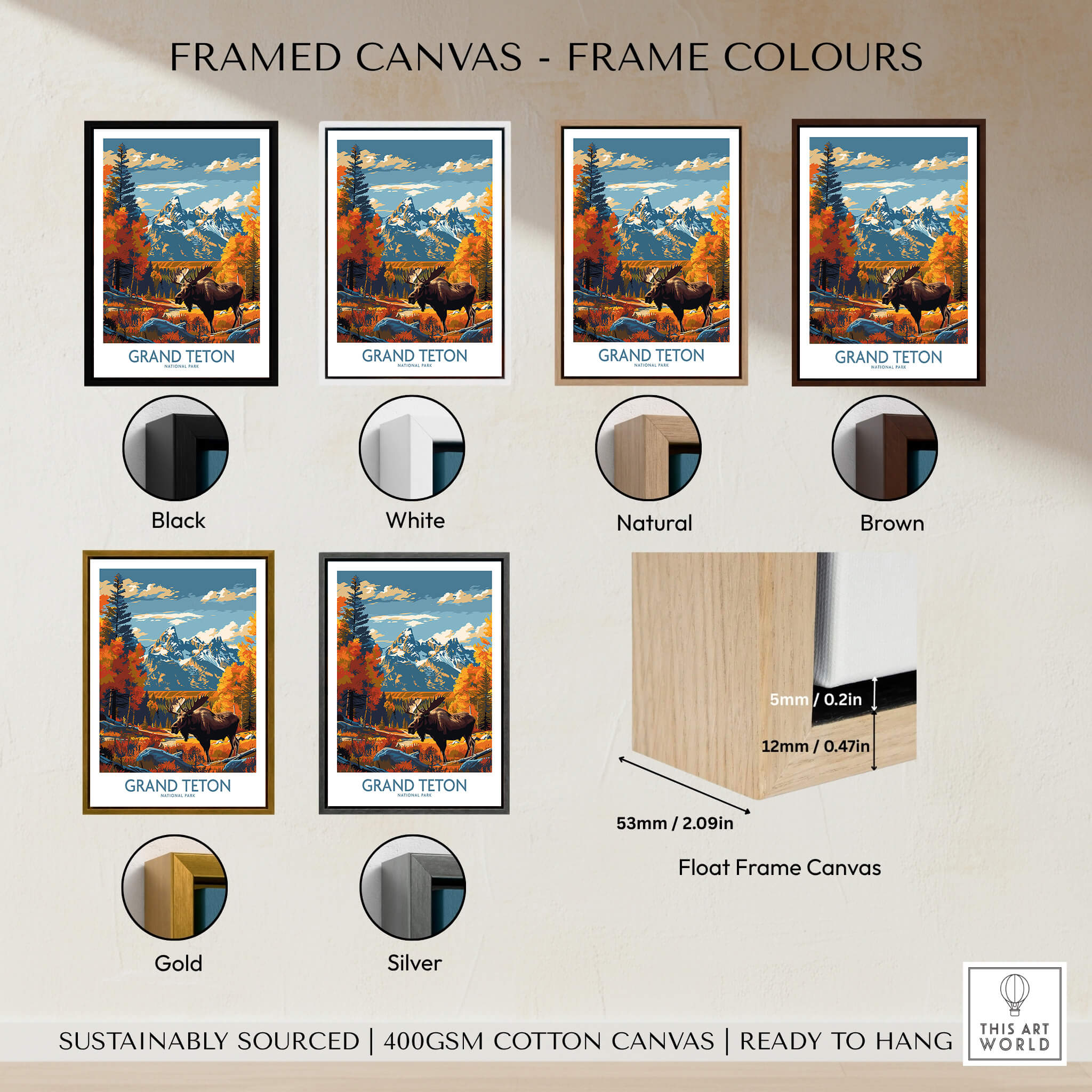 Grand Teton Wall Art - National Park Poster framed canvas options in various colors including Black, White, Natural, Brown, Gold, and Silver.