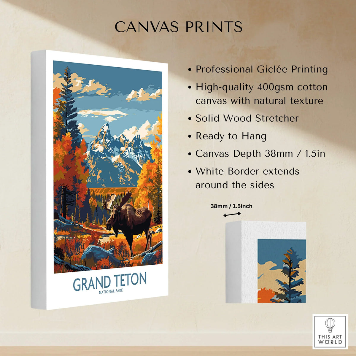Grand Teton Wall Art - National Park Poster showcasing vibrant scenery and Giclée printing on high-quality canvas.