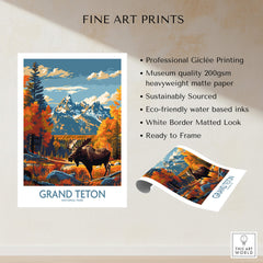Grand Teton Wall Art - National Park Poster showcasing a vibrant landscape with moose and mountains in professional Giclée print.