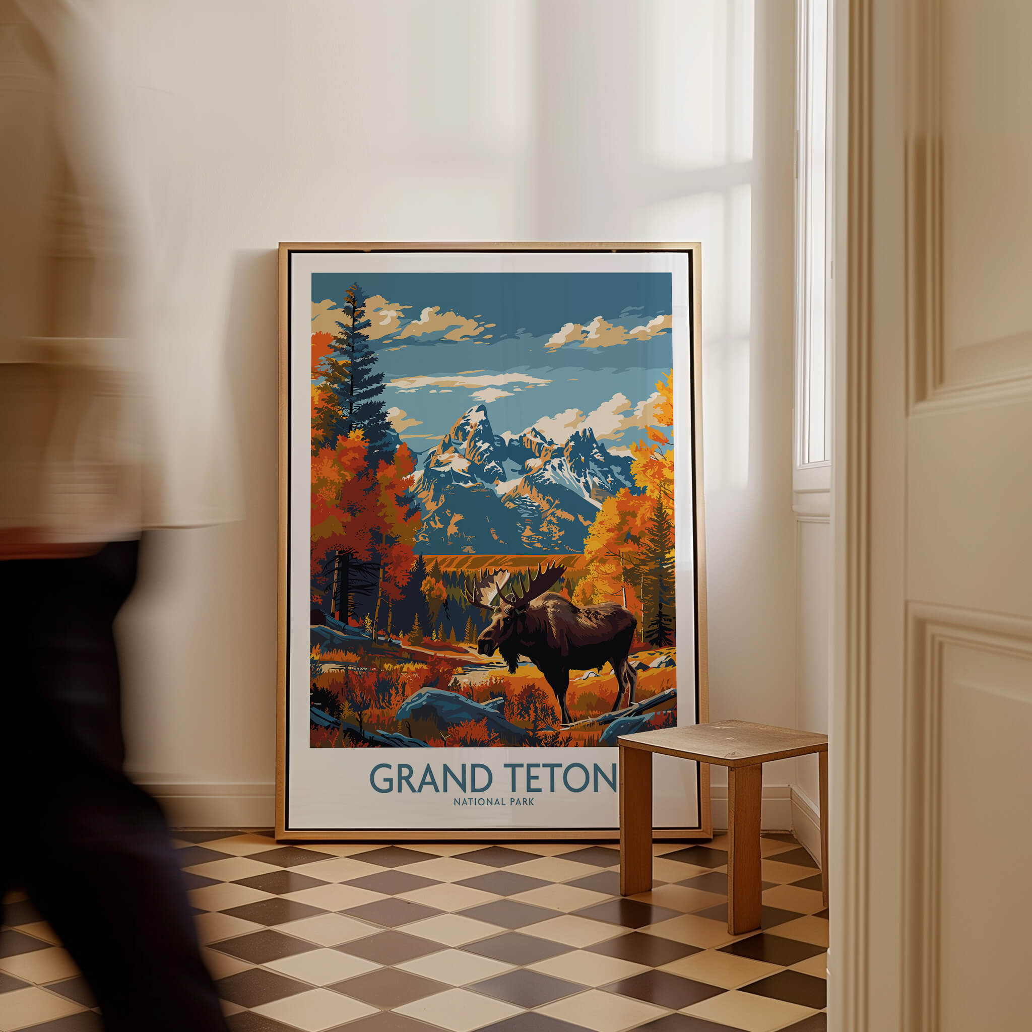 Grand Teton Wall Art - National Park Poster featuring vibrant scenery and a moose in a stylish interior setting.