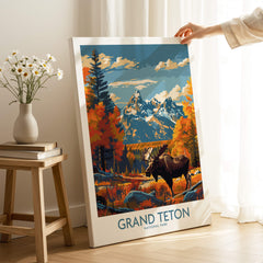 Grand Teton Wall Art - National Park Poster featuring stunning scenery of mountains and moose.