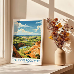 Theodore Roosevelt National Park print on canvas displayed by a window with shadows and dried flowers.