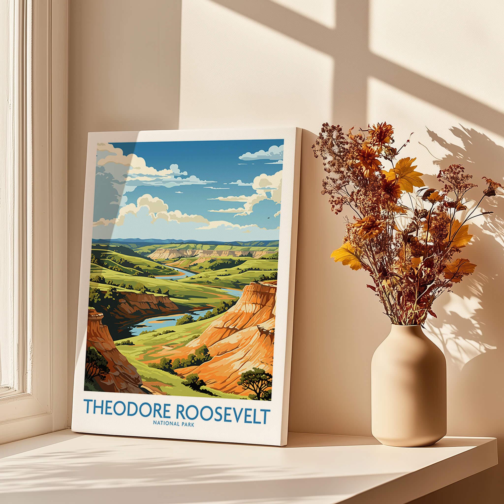 Theodore Roosevelt National Park print on canvas displayed by a window with shadows and dried flowers.