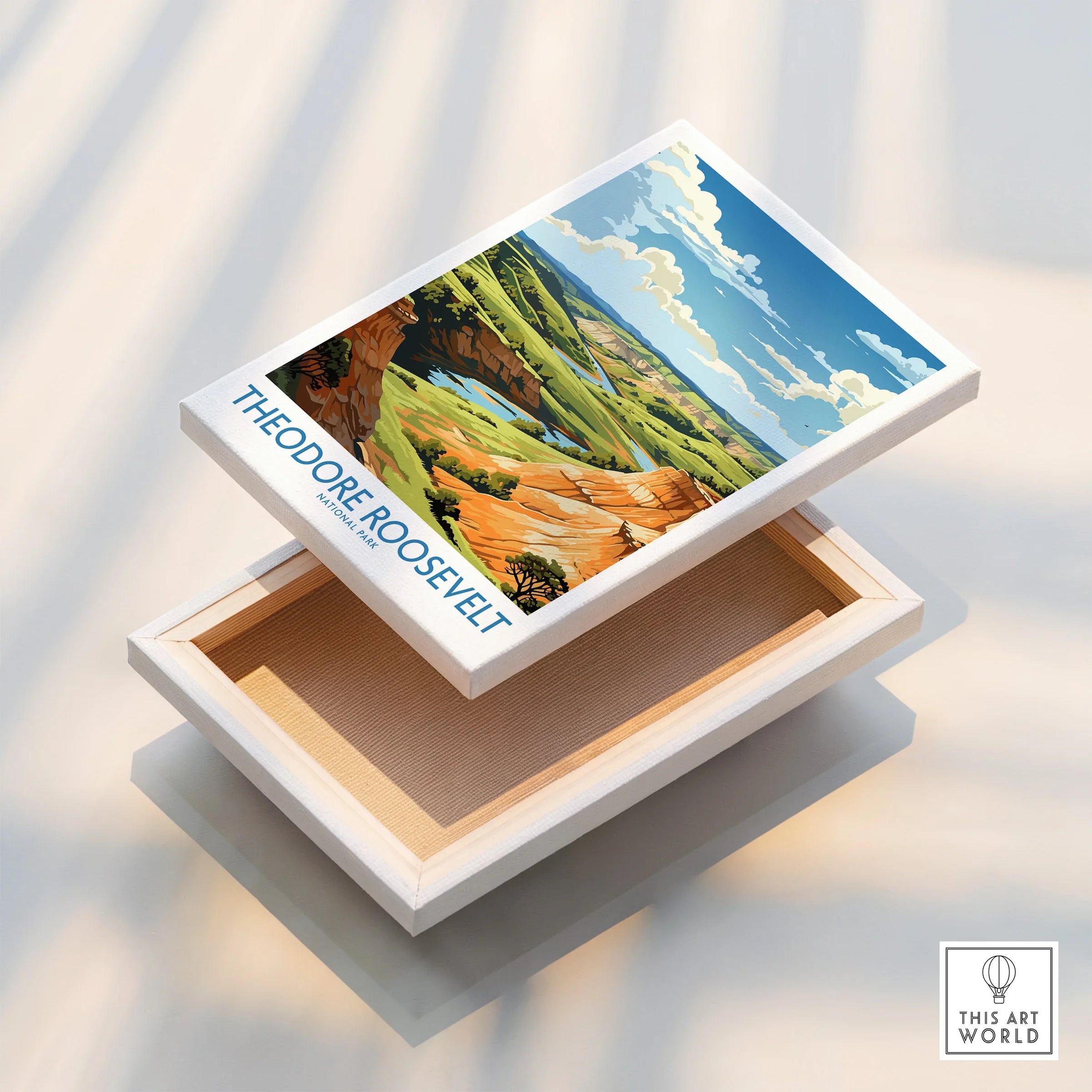 Stretched canvas wall art print of Theodore Roosevelt National Park landscape in open floating frame.