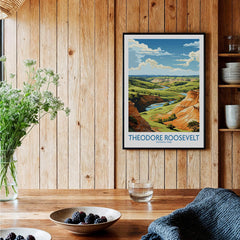 Theodore Roosevelt National Park art print framed on wooden kitchen wall with rustic decor