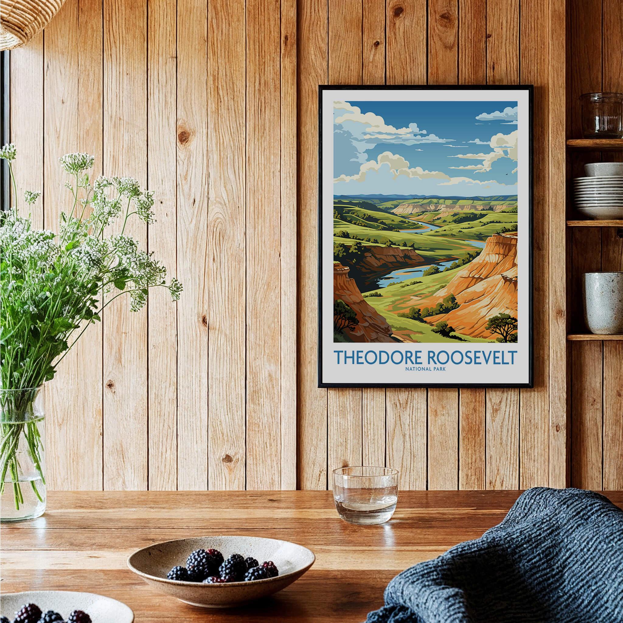 Theodore Roosevelt National Park art print framed on wooden kitchen wall with rustic decor