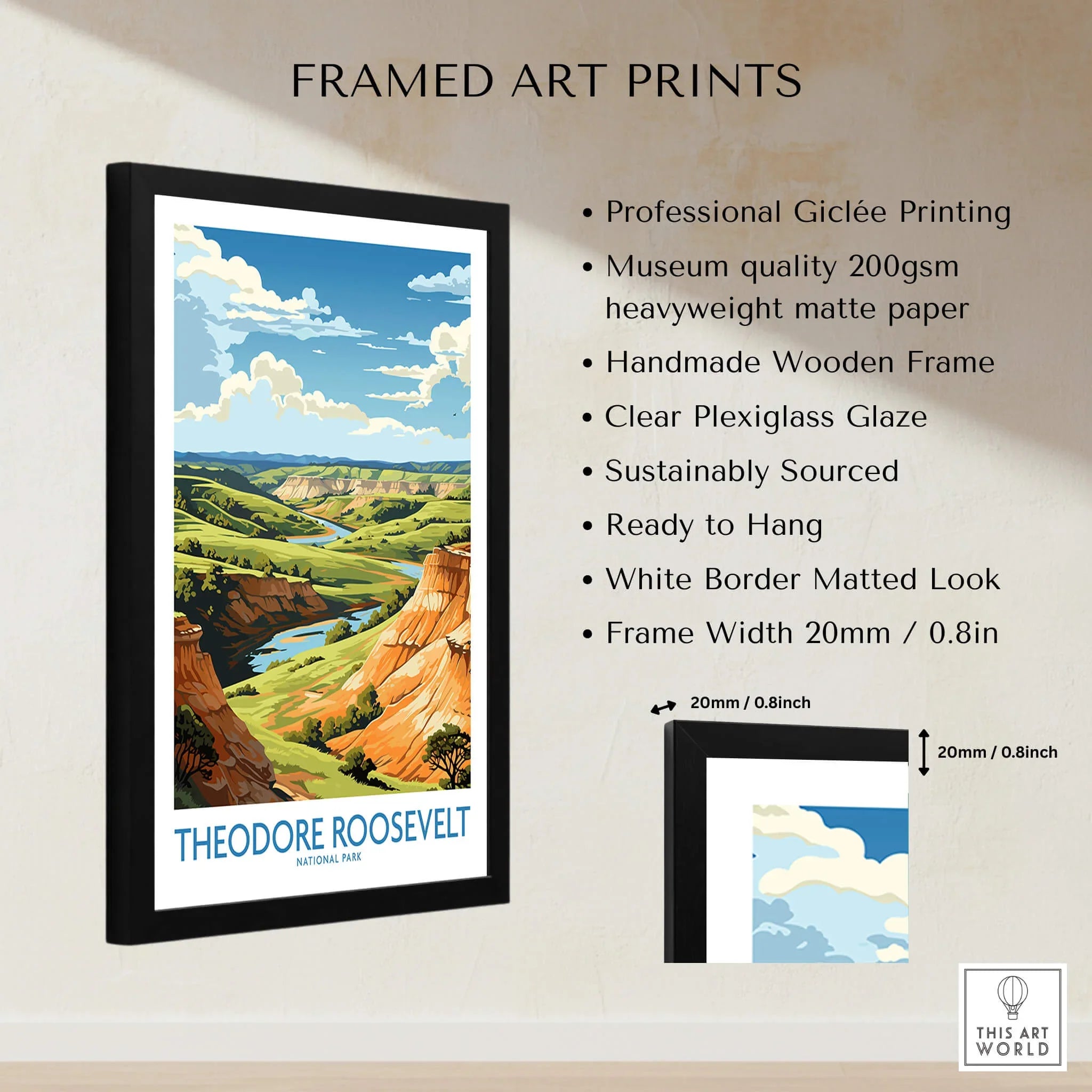 Framed Theodore Roosevelt National Park art print with black wooden frame and dimension details