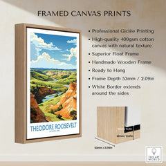 Framed canvas print of Theodore Roosevelt National Park with wooden float frame on wall