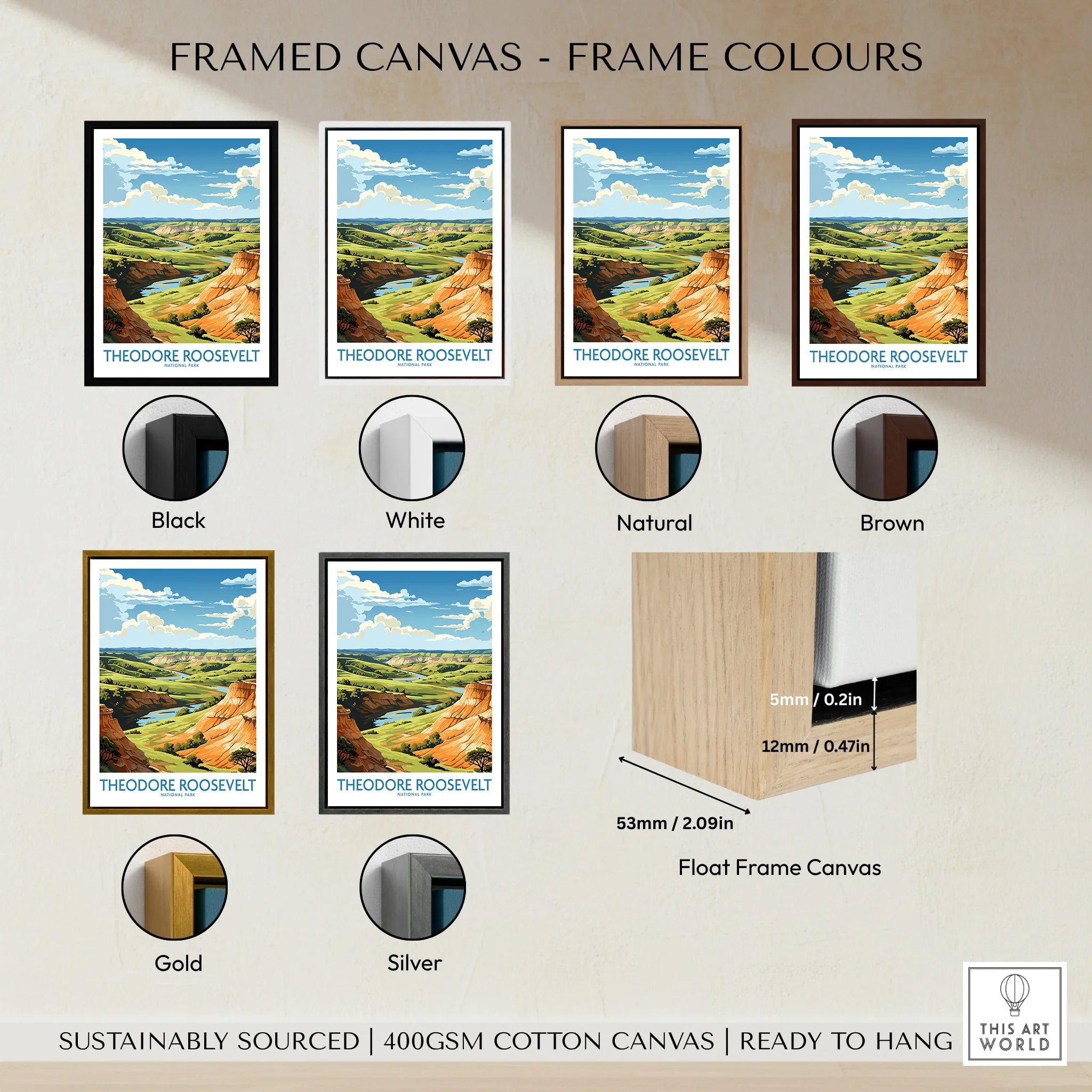 Theodore Roosevelt landscape canvas wall art with six frame color options and float frame detail