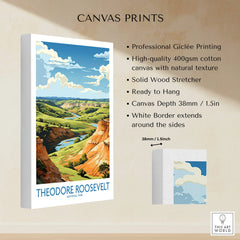 Theodore Roosevelt National Park canvas print with vivid landscape, white border, and descriptive product details.