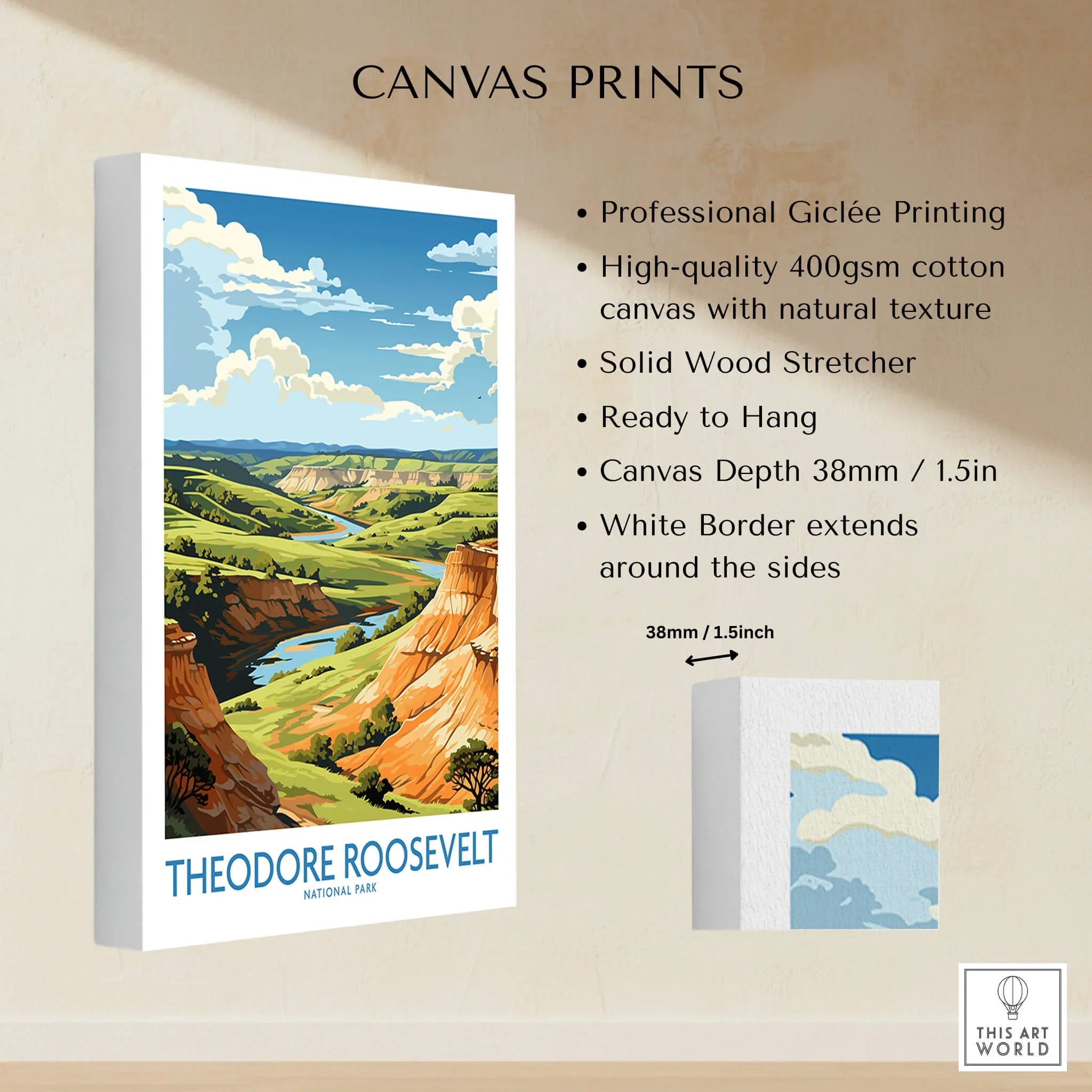Theodore Roosevelt National Park canvas print with vivid landscape, white border, and descriptive product details.