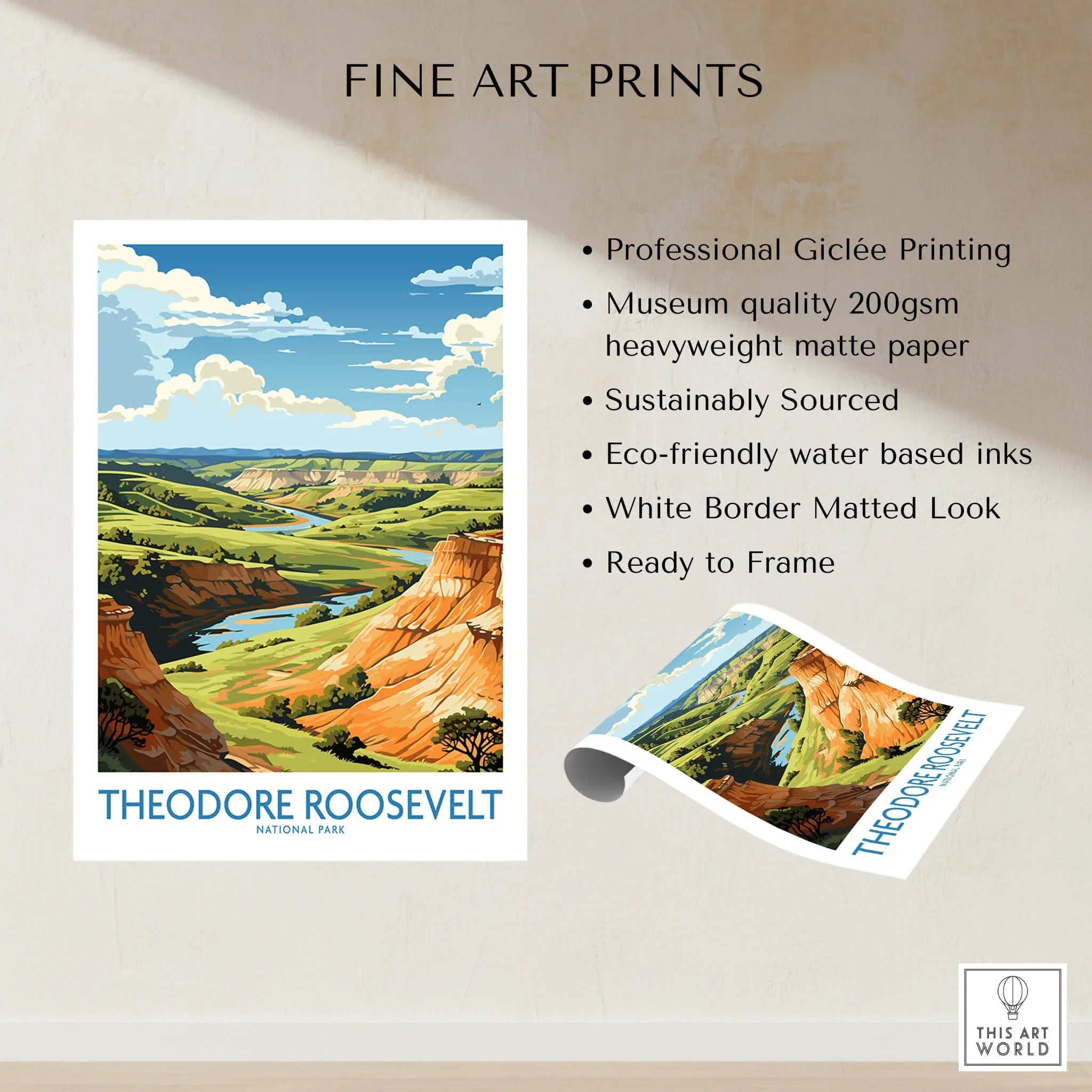 Theodore Roosevelt National Park fine art print with scenic landscape and vibrant colors.