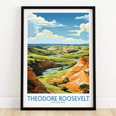 Theodore Roosevelt National Park art print in black frame on wooden floor, landscape wall art