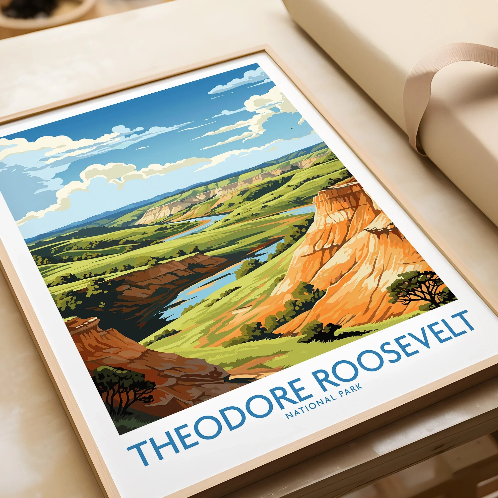 Framed Theodore Roosevelt National Park art print featuring colorful landscape illustration