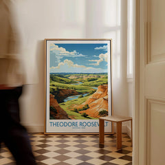 Framed Theodore Roosevelt National Park travel poster on floor in bright hallway