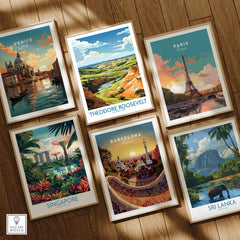 Set of six framed travel art prints featuring Venice, Theodore Roosevelt National Park, Paris, Singapore, Barcelona, and Sri Lanka on a wooden floor.