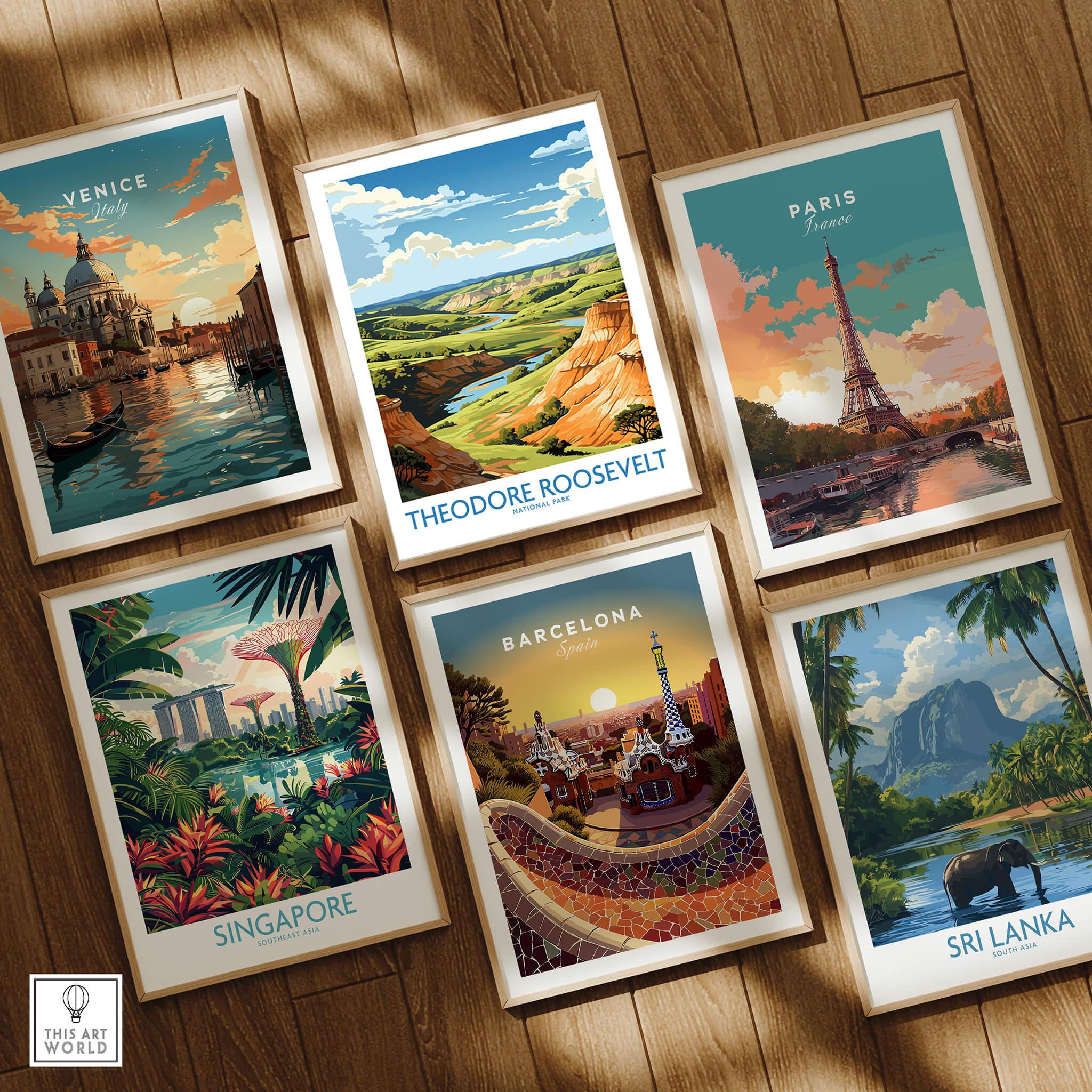 Set of six framed travel art prints featuring Venice, Theodore Roosevelt National Park, Paris, Singapore, Barcelona, and Sri Lanka on a wooden floor.