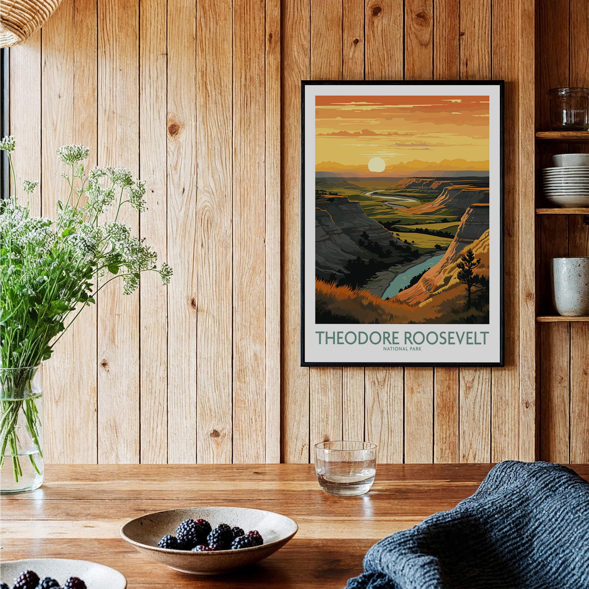 Theodore Roosevelt National Park art print in black frame on wooden kitchen wall, rustic decor