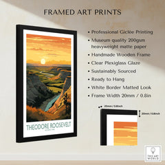Framed Theodore Roosevelt National Park print with sunset landscape and art print details.