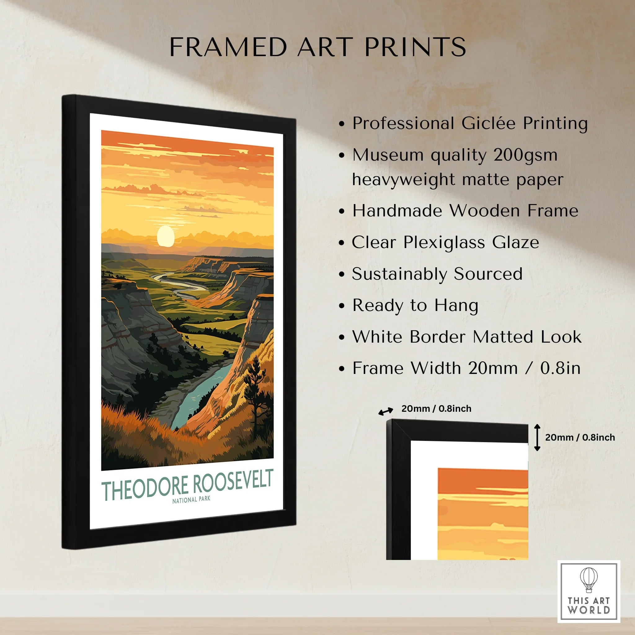 Framed Theodore Roosevelt National Park print with sunset landscape and art print details.