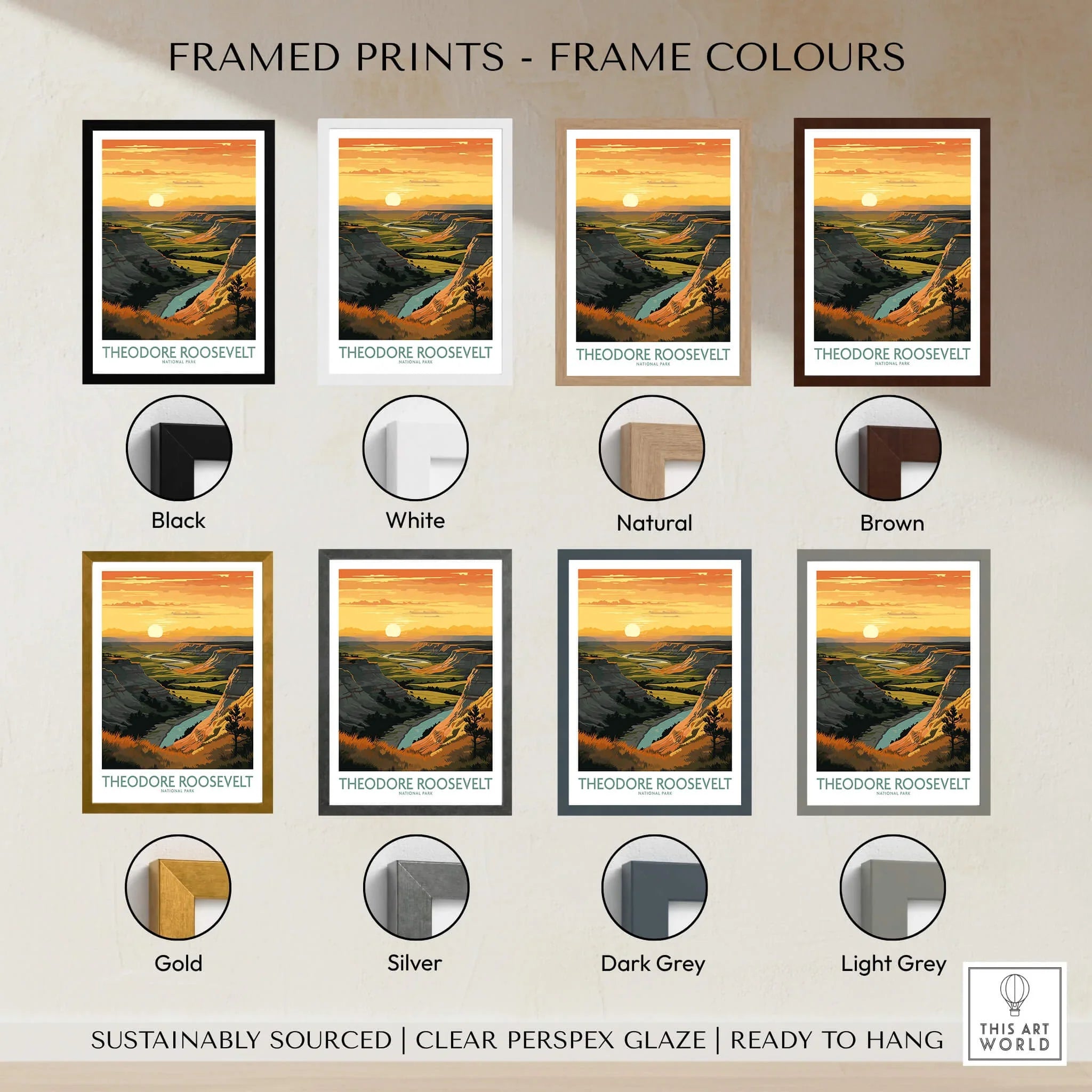 Theodore Roosevelt National Park wall art print in eight frame color options, landscape sunset.