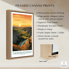 Framed canvas print of Theodore Roosevelt National Park at sunset with wooden float frame.