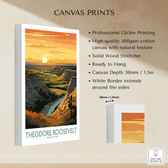 Theodore Roosevelt National Park sunset canvas wall art with river and canyon, cotton canvas print.